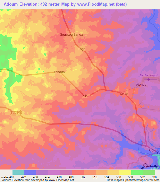 Adoum,Central African Republic Elevation Map