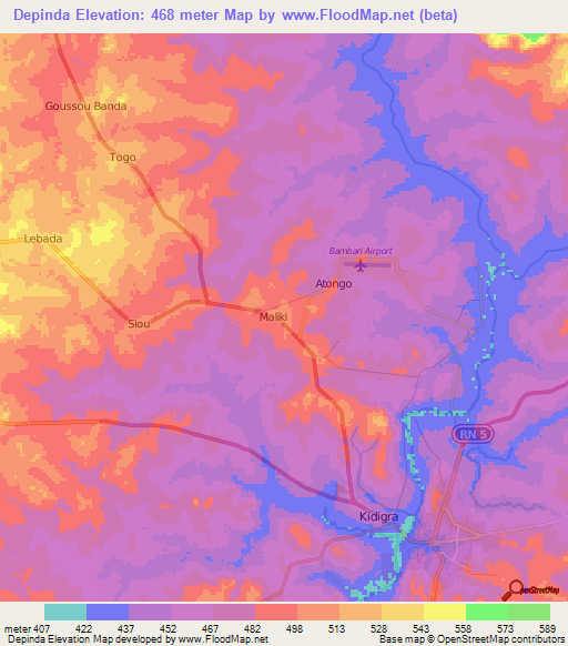 Depinda,Central African Republic Elevation Map