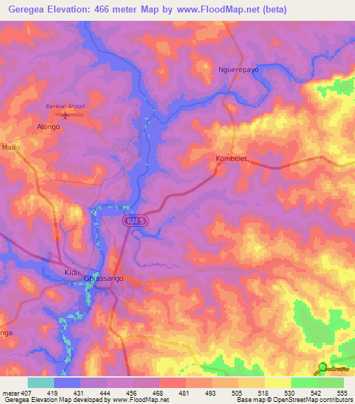 Geregea,Central African Republic Elevation Map
