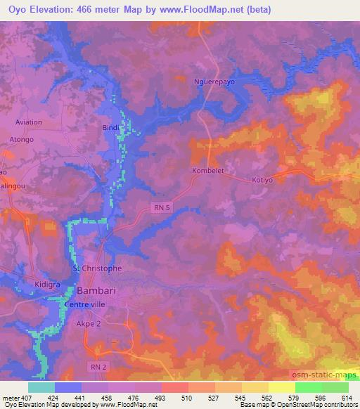 Oyo,Central African Republic Elevation Map