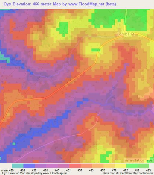 Oyo,Central African Republic Elevation Map