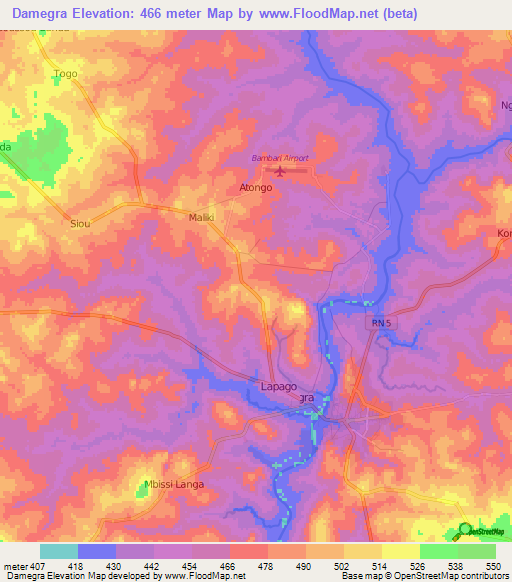 Damegra,Central African Republic Elevation Map