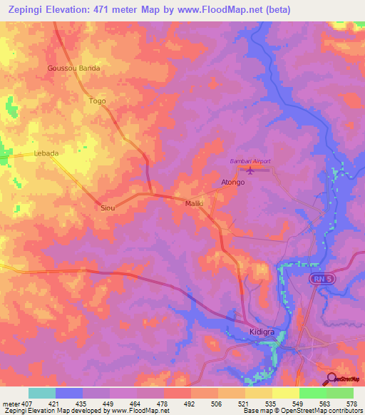 Zepingi,Central African Republic Elevation Map