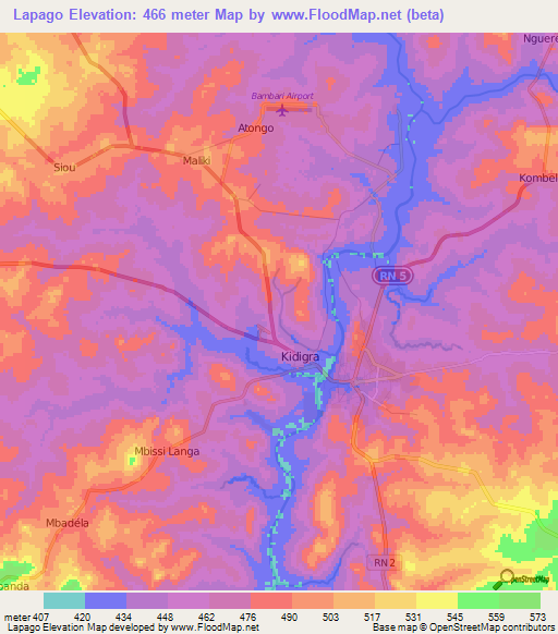 Lapago,Central African Republic Elevation Map