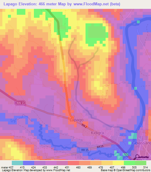 Lapago,Central African Republic Elevation Map