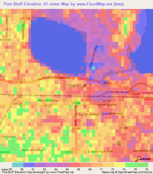 Elevation of Pine Bluff,US Elevation Map, Topography, Contour