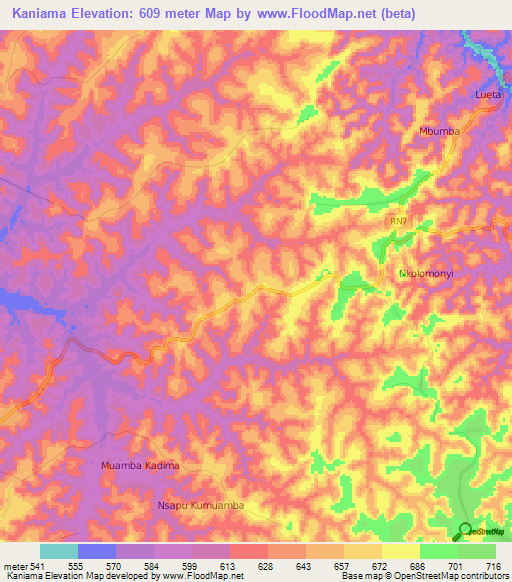 Kaniama,Congo (Kinshasa) Elevation Map