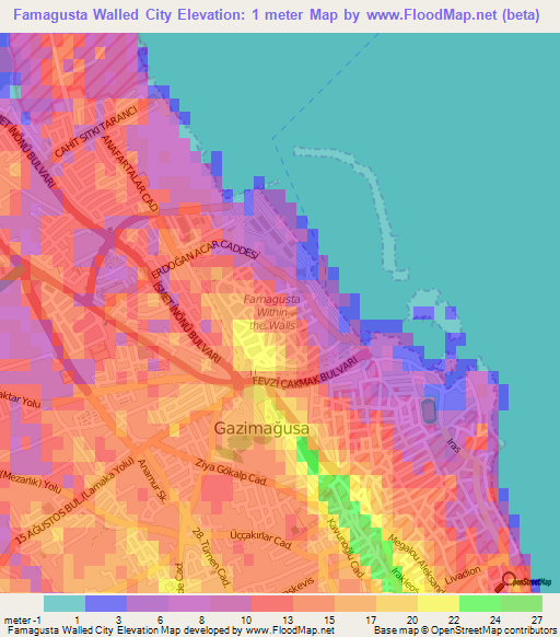 Famagusta Walled City,Cyprus Elevation Map