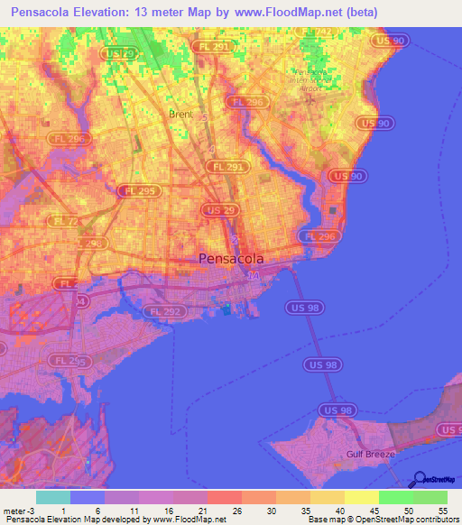 Elevation of Pensacola,US Elevation Map, Topography, Contour
