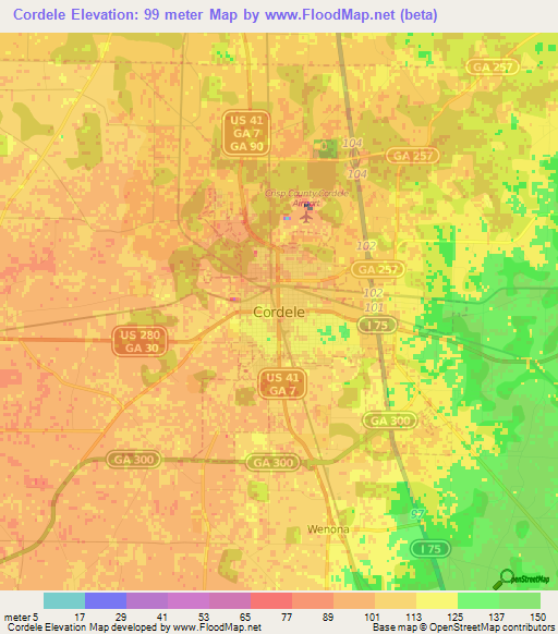 Elevation of Cordele,US Elevation Map, Topography, Contour