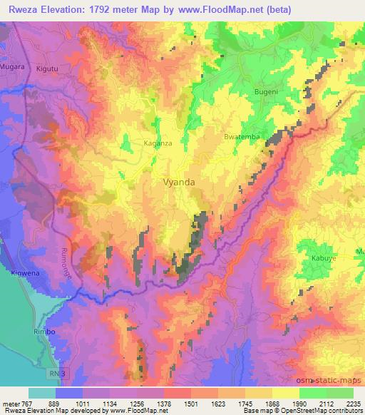Rweza,Burundi Elevation Map
