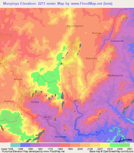 Munyinya,Burundi Elevation Map