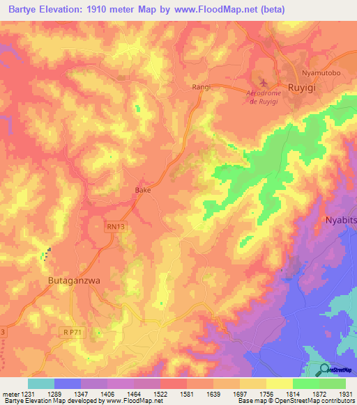 Bartye,Burundi Elevation Map