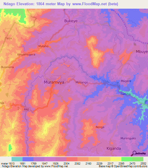 Ndago,Burundi Elevation Map