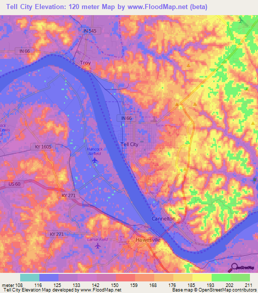 Elevation of Tell City,US Elevation Map, Topography, Contour