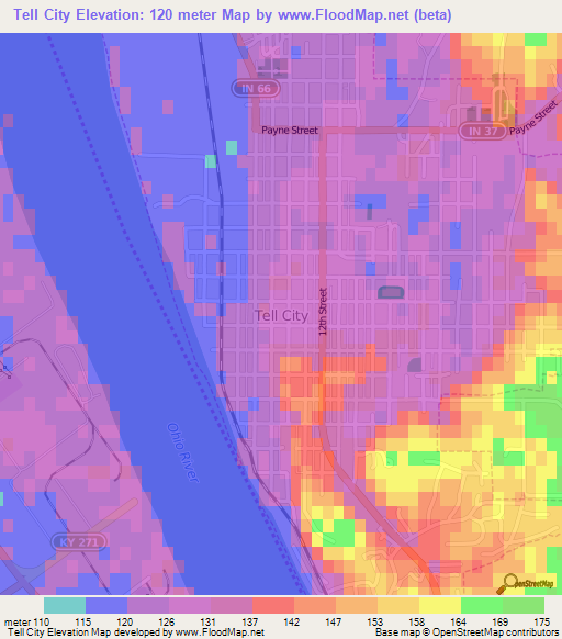 Elevation of Tell City,US Elevation Map, Topography, Contour