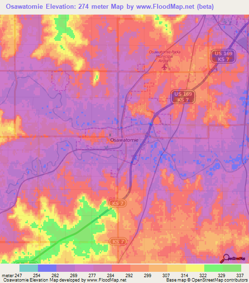Elevation of Osawatomie,US Elevation Map, Topography, Contour