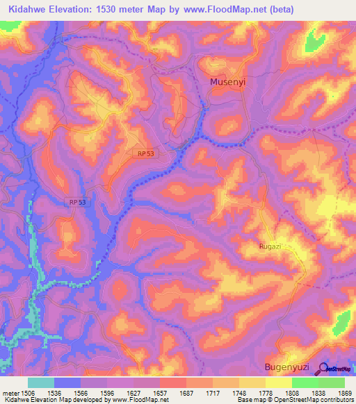 Kidahwe,Burundi Elevation Map