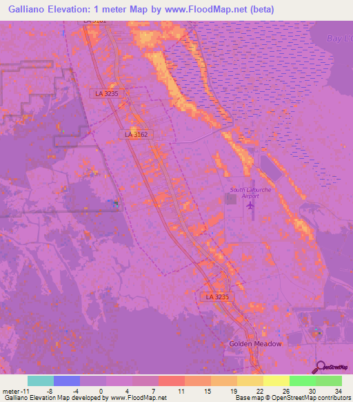 Elevation of Galliano,US Elevation Map, Topography, Contour