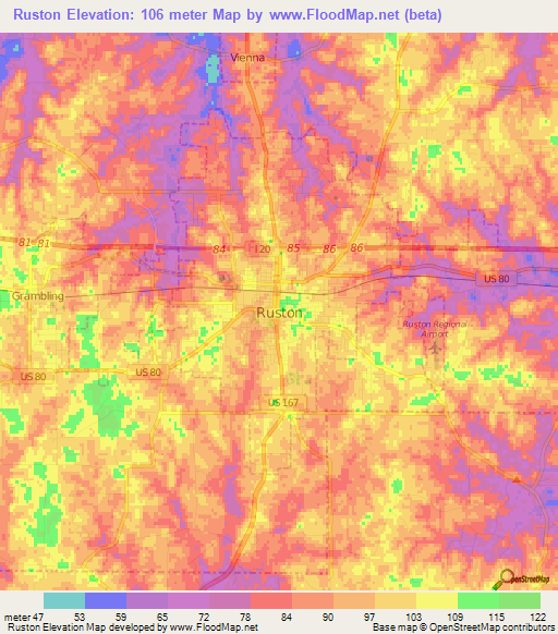 Elevation of Ruston,US Elevation Map, Topography, Contour