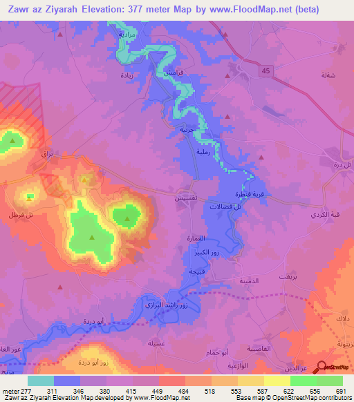 Zawr az Ziyarah,Syria Elevation Map