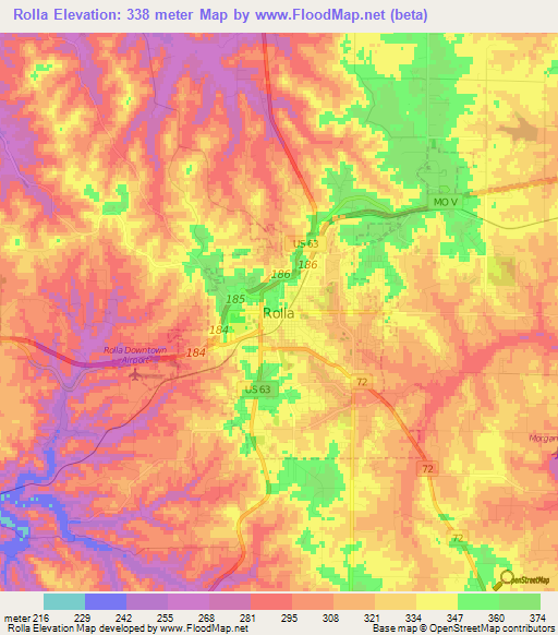 Rolla,US Elevation Map