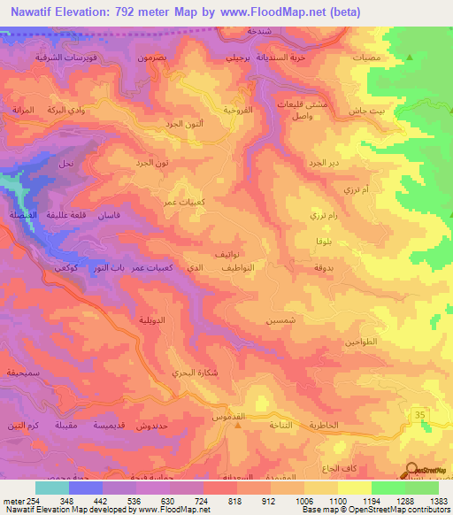 Nawatif,Syria Elevation Map