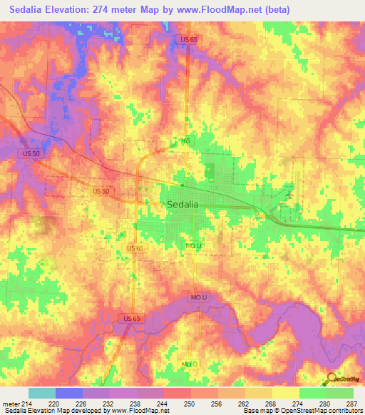 Elevation of Sedalia,US Elevation Map, Topography, Contour