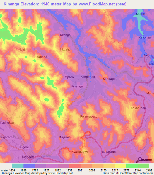 Kinanga,Uganda Elevation Map