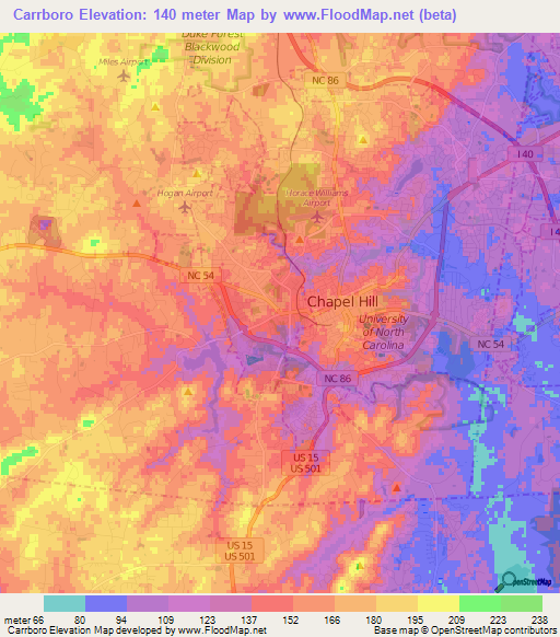 Elevation of Carrboro,US Elevation Map, Topography, Contour
