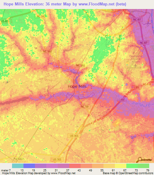 Elevation of Hope Mills,US Elevation Map, Topography, Contour