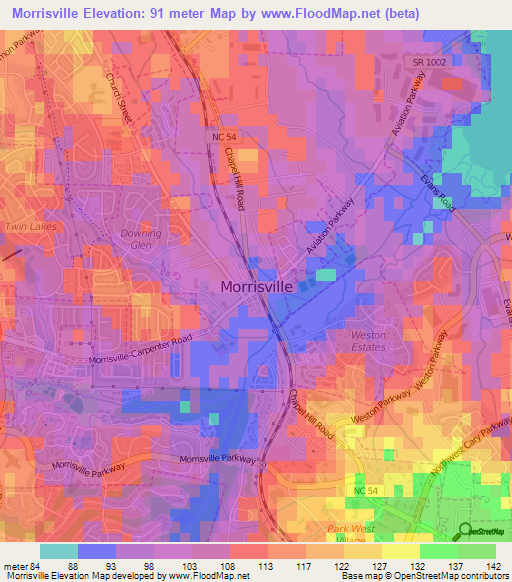 Elevation of Morrisville,US Elevation Map, Topography, Contour