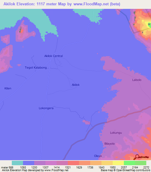Akilok,Uganda Elevation Map