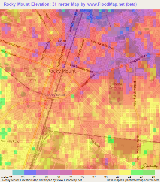 Rocky Mount,US Elevation Map