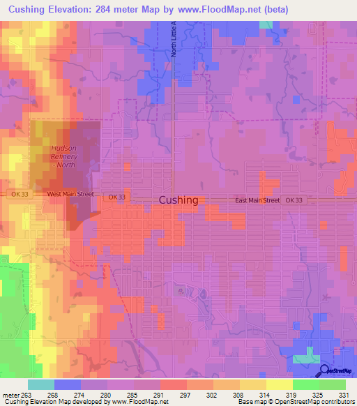 Elevation of Cushing,US Elevation Map, Topography, Contour