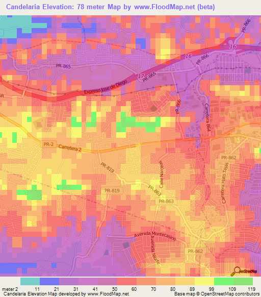 Candelaria,Puerto Rico Elevation Map