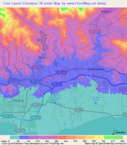 Coto Laurel,Puerto Rico Elevation Map