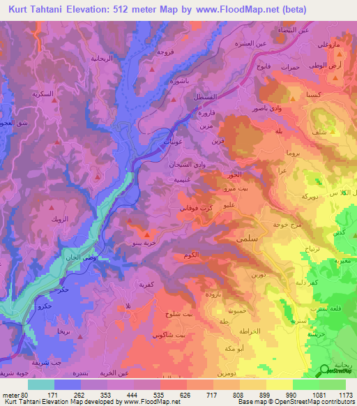 Kurt Tahtani,Syria Elevation Map