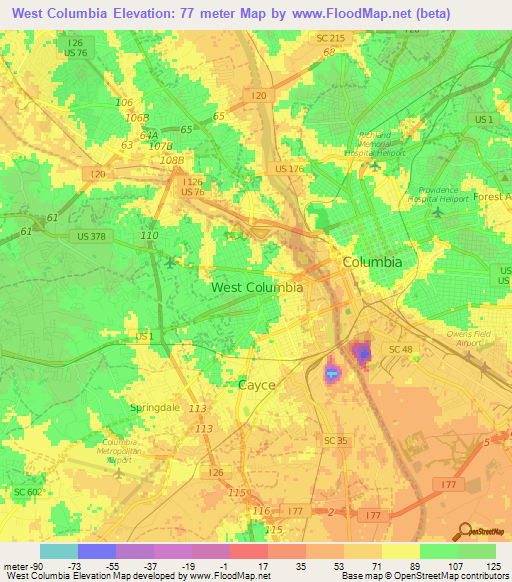 Elevation of West Columbia,US Elevation Map, Topography, Contour