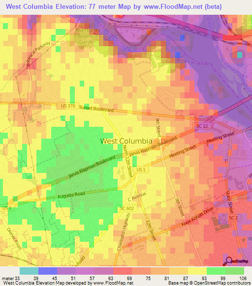 Elevation of West Columbia,US Elevation Map, Topography, Contour