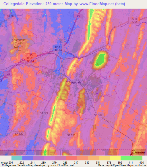 Collegedale,US Elevation Map