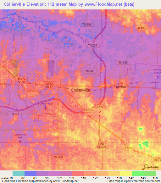 Collierville,US Elevation Map