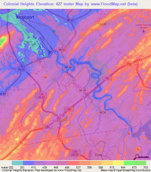 Colonial Heights,US Elevation Map