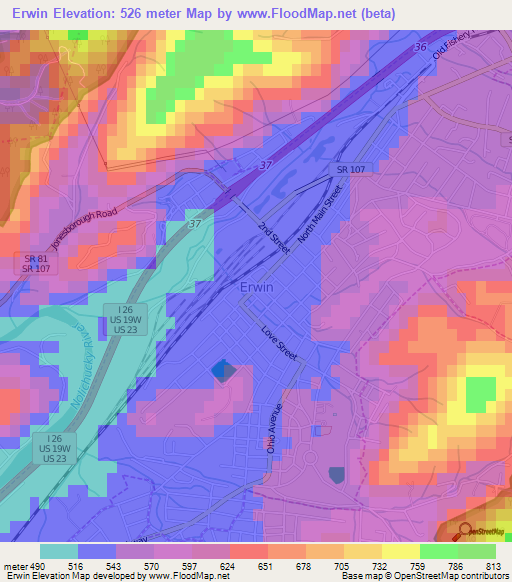 Erwin,US Elevation Map