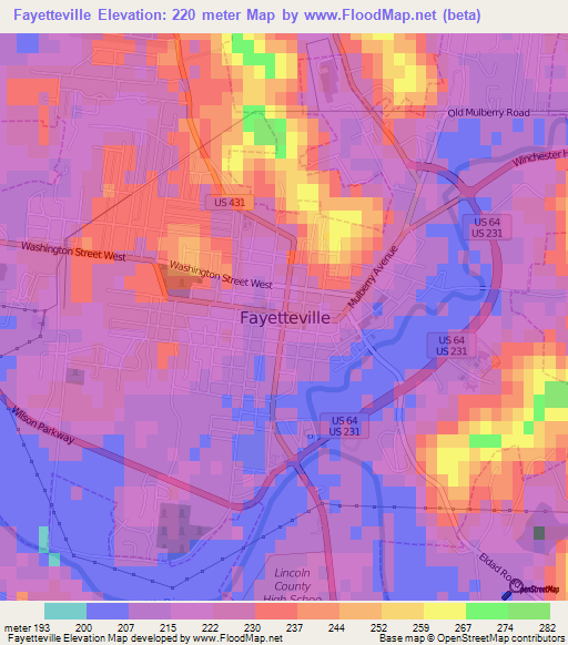 Fayetteville,US Elevation Map