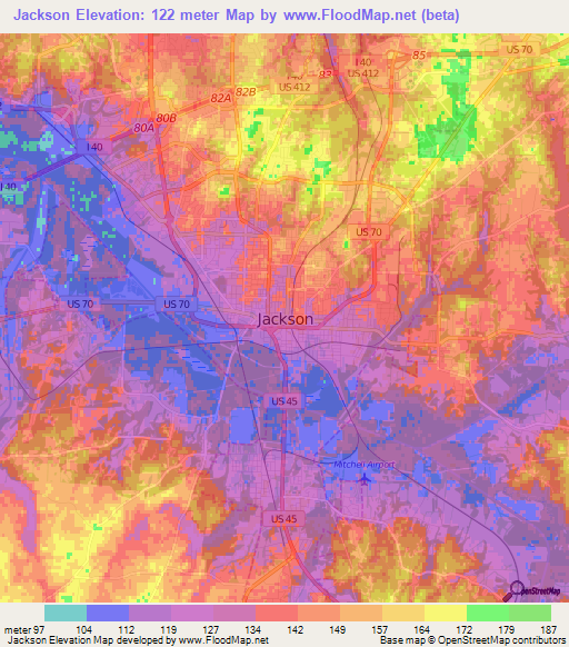 Elevation of Jackson,US Elevation Map, Topography, Contour
