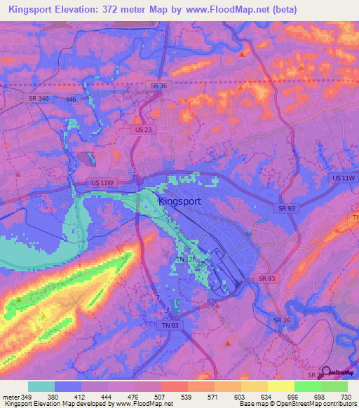 Kingsport,US Elevation Map