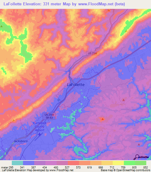 Elevation of LaFollette,US Elevation Map, Topography, Contour