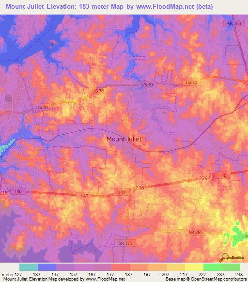 Mount Juliet,US Elevation Map