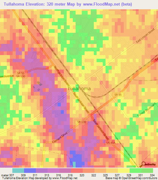 Tullahoma,US Elevation Map